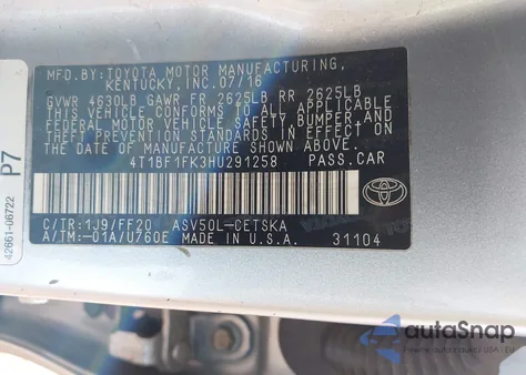 2017 Toyota Camry Le/Xle/Se/Xse from USA, damaged, VIN 4T1BF1FK3HU291258